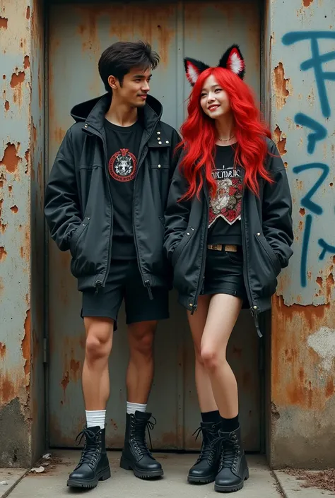 A detailed and colorful low angle digital shot shows a beautiful young woman with a mongoloid-Chinese face, long floawing wave red hair in a futuristic streetwear outfit, sweet smilling, standing with  handsome man . The person is wearing an black jacket w...