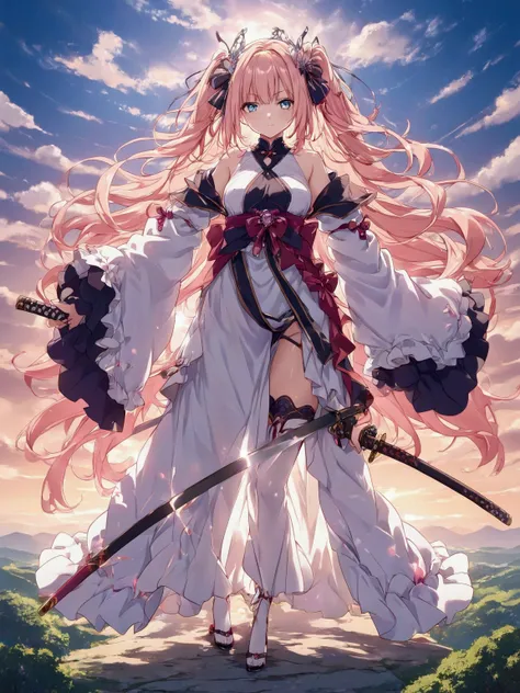 anime, modern girl, Digital art, Delicate and unstable line drawing, wielding an oversized giant katana, Modern clothing, coloful, Spectacular backdrop,