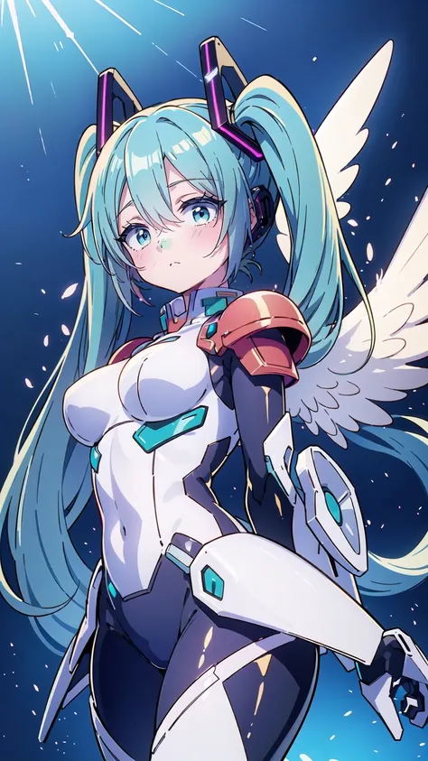 masterpiece ,  Hatsune Miku VOCALOID , ((Mecha Girl)),  Twin Tails ,  Light Blue Eyes ,  blue hair,  Bodysuit  , ((angel wings)), (Mecha Girl), Gundam&#39;s Armor, ((  cyberpunk)), The ultimate physical beauty,  high heels,  beautiful eyes , Big Breasts, B...