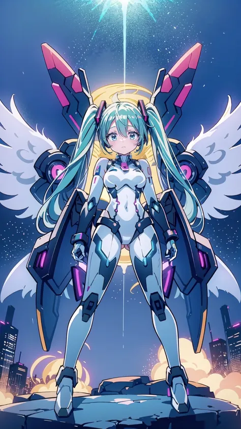 masterpiece ,  Hatsune Miku VOCALOID , ((Mecha Girl)),  Twin Tails ,  Light Blue Eyes ,  blue hair,  Bodysuit  , ((angel wings)), (Mecha Girl), Gundam&#39;s Armor, ((  cyberpunk)), The ultimate physical beauty,  high heels,  beautiful eyes , Big Breasts, B...