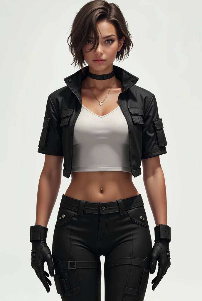 Astra Kane has an athletic build and stands with a confident, grounded presence. She wears a cropped black techwear jacket with short sleeves that end just above her elbows, paired with a white camisole. Her hands are equipped with black archery gloves, ad...