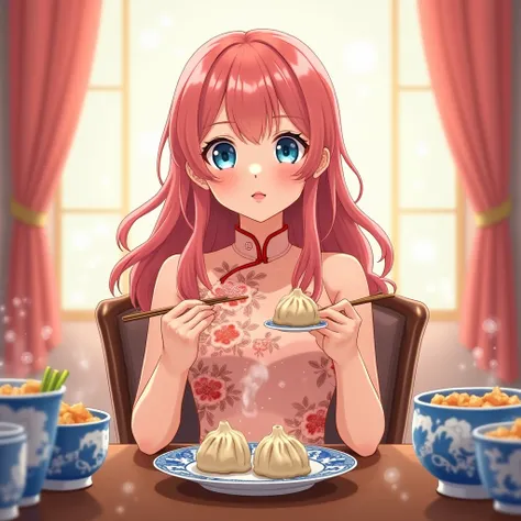 An anime-style illustration depicts a cute .

Description:
Appearance:
She has long, pink curly hair styled with straight bangs, highlighting her delicate and refined facial features.
Her fair skin and soft red lips add a touch of warmth and charm.
Outfit:...