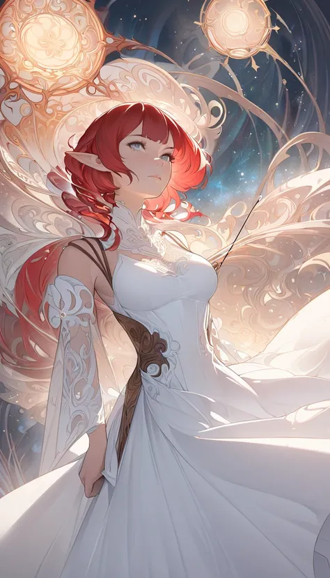 Female Elf Waist Shot,  complicated, Narrow Face,  elegant ,  holding a large bow with an arrow, white dress with straps ,  looks at the ,  very detailed with crimson hair, smooth,  sharp concentration,  illustrations,  Artgerm and Greg Rutkowski and Alpho...