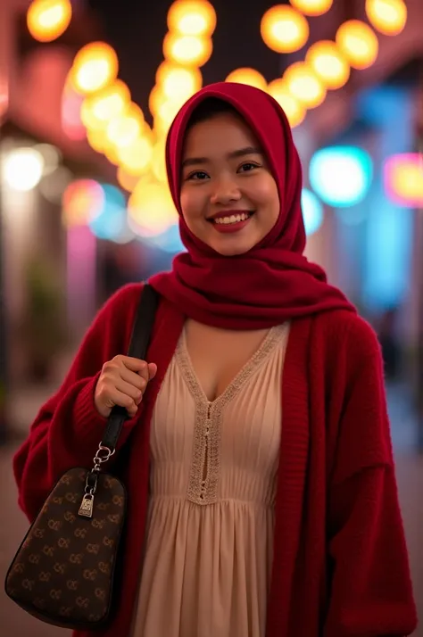 Photo of a young Indonesian woman with a sweet smile .  She wears red hijab, cream long dress, red thick cardigan, .  She is wearing  a branded bag .  The backdrop is a historic city with colorful LED lights that illuminate the night.