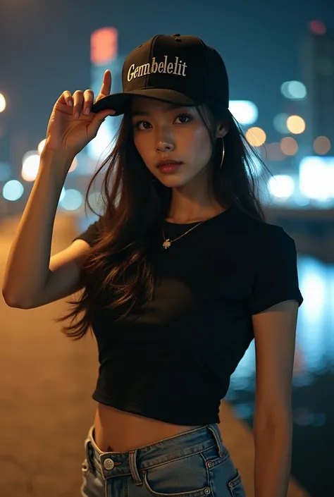 Beautiful Korean woman wears black t-shirt Gembel Elit image of ferocious cat ,  ripped jeans , hip hop hat inscribed Gembel Elit ,  vans brand sneakers standing full body with middle finger style holding edge of hat facing camera ,  corner background of c...