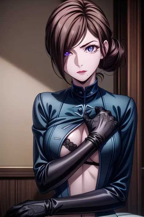 castlevaniajulia, castlevaniajulia, brown hair, (purple eyes:1.1), short hair, hair bun, mole, makeup, single hair bun, lipstick, mole under mouth, red lipstick, BREAKl ingerie,Sotckings, gartelbelt, BREAK looking at viewer, upper body, full body, BREAK in...