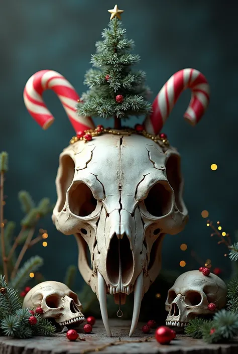 Christmas wolf skull with two candy catches in the back with a Christmas tree on the skull with two mini skulls one on one side and the other on the other side 