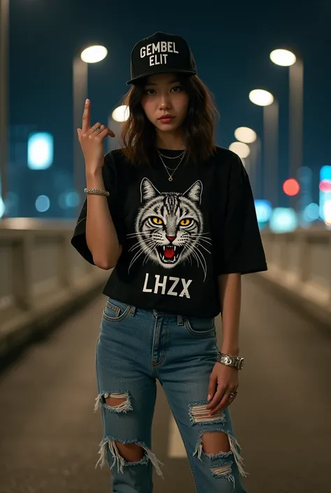 Beautiful Korean woman wears black t-shirt Gembel Elit image of ferocious cat ,  ripped jeans , hip hop hat inscribed Gembel Elit , vans brand sneakers stand full body with middle finger style holding the edge of the hat facing the camera ,  corner backgro...