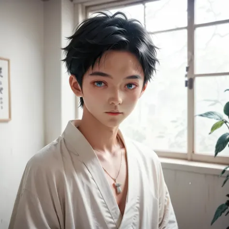 (((score_9))), score_8_up, score_7_up, (master piece),Nagi-kun,1boy,black hair,(bad mood:0.8),slim,small,(Universal Japanese-style clothing),dark blue eye,platinum necklace,(((Empty white room)))