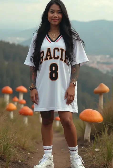 he picture is realistic ----- A brown Filipino women with a  size. and a woman with long hair black and wearing a whie Jersey shirt oversized with a name logo (GRACIA) written on the front of the dress. and wearing oversized shorts and white Nike shoes and...