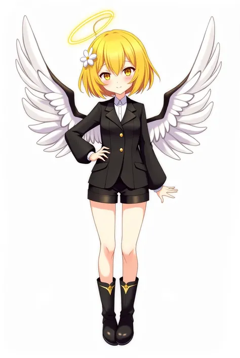 Anime girl,  short yellow hair with white tufts,  yellow eyes ,  closed wings color white with black , a black suit with shorts,  black boots with a small yellow stripe and a white background