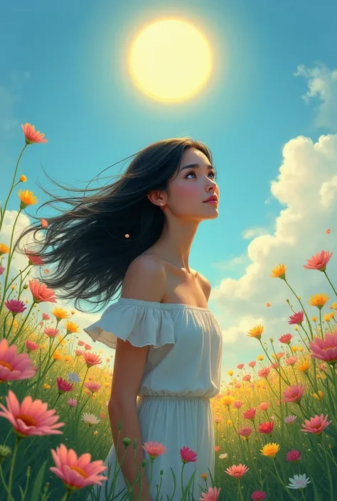 Cute girl with black hair realistic blue eyes contemplating nature a flowery field and a beautiful sun looking up at the sky
