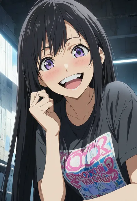 Anime production,  top quality, girl,T-Shirts, viewers of the pin,smile,Beautiful eyes、 black hair,  long hair,  show your teeth and laugh, 