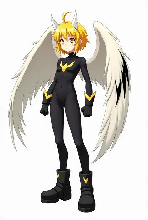 Anime girl,  short yellow hair with white tufts,  yellow eyes ,  closed wings color white with black , a black hero costume with short ,  black boots with a small yellow stripe and a white background