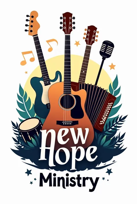 I want a striking logo with a guitar, ELECTRIC BASS , microphone,Timpani and accordion .  The name is New Hope Ministry  