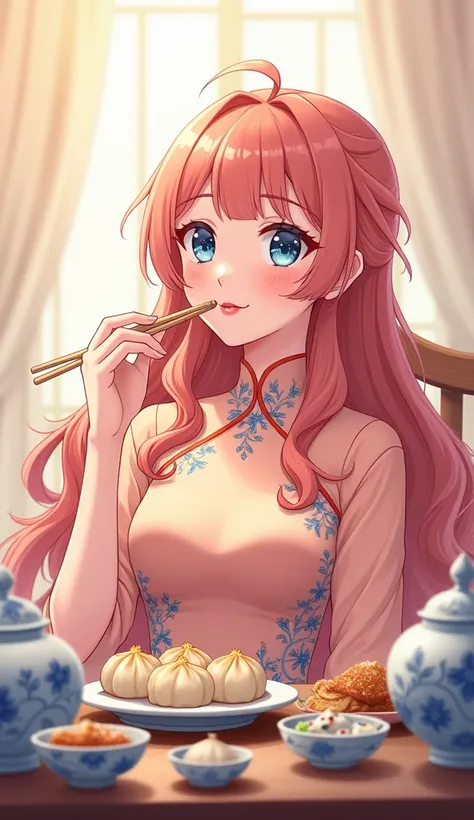 An anime-style illustration depicts a cute  in a beautifully composed scene.

Description:
Appearance:
She has long, pink curly hair styled with straight bangs, accentuating her delicate and refined facial features.
Her fair skin and soft red lips add a to...