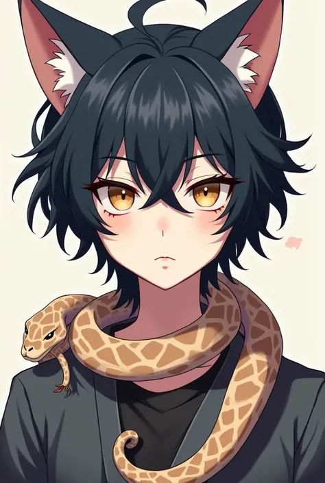  Create an anime-style image of a young adult cat boy, with amber eyes,  white skin and black hair, Must have a pet leash with a rattlesnake around its neck