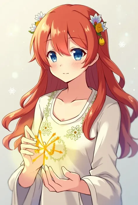 Akane (Amor de Kaito):

Age: 16
Hair: red, long and wavy
Eyes: Blue with golden glow
Height: 1,60m
Physique: Delicate and toned
Clothes: Simple dress with embroidery of leaves and flowers
Powers: Healing and protection magic