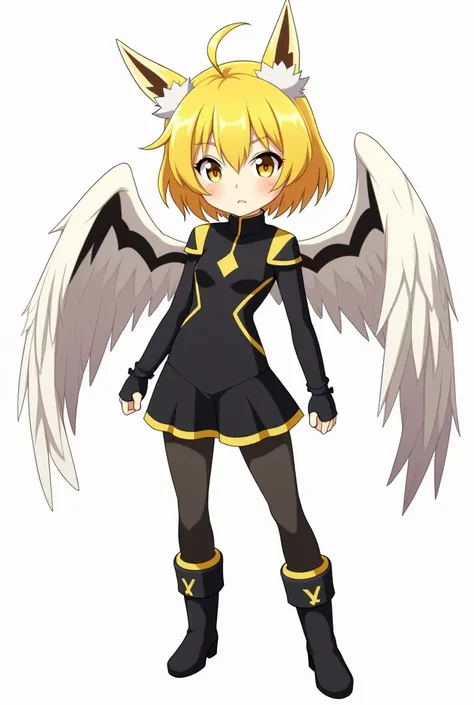 Anime girl,  short yellow hair with white tufts,  yellow eyes ,  closed wings color white with black , a black hero costume with short ,  black boots with a small yellow stripe and a white background