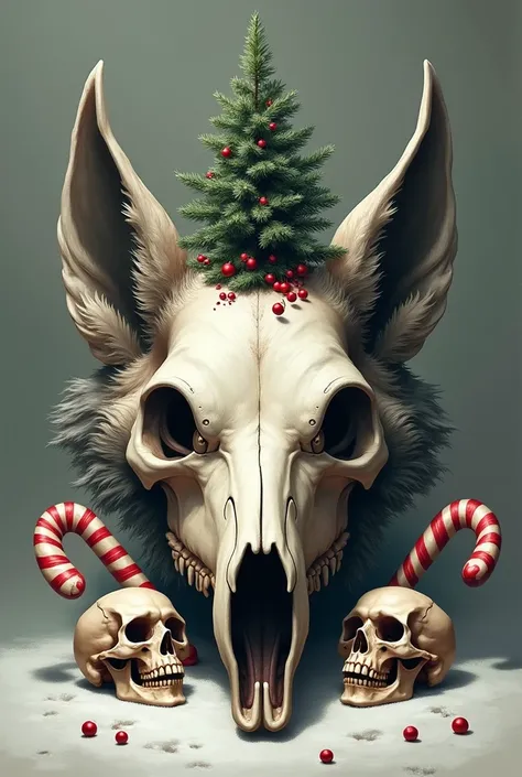 Christmas wolf skull drawing with two candy catches in the back with a Christmas tree on the skull with two mini skulls one on one side and the other on the other side 