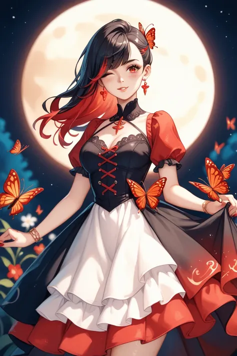 「 bluish black hair with red highlights 、 long asymmetrical bangs 、 animated illustration of a girl in a shiny black silk dress 。Im standing deep in the woods 、 with a glowing crystal in my hand 。 eyes have a simple design 、 I have a crescent moon highligh...