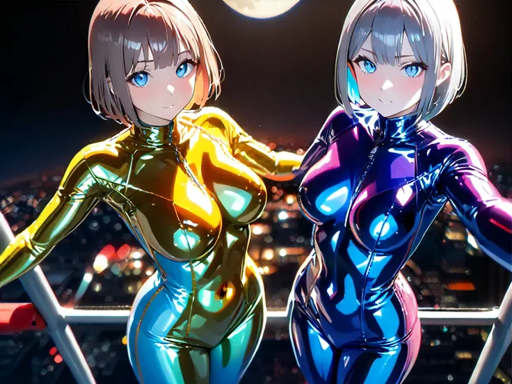 ( 2 girls in 2),(最 high image quality, 8k, masterpiece:1.3), (24 years old:1.5), ( gray hair ), ( bob cut), (Oblique sky blue eyes), ((全身 rubber suit、blue、yellow line、no zipper 、 rubber suit、Gloss、Perfect fit、Full body shot、 moon、sunlight)), ([Ultra Clear:...