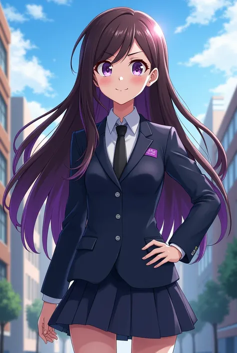 A girl in a My Hero Academy uniform with long brown hair, purple locks and purple eyes. 