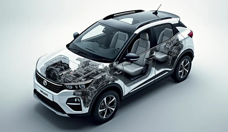 Al new Tata Nexon interior Engine and body part view without upper body giving whole spare part details for Review video on Car 