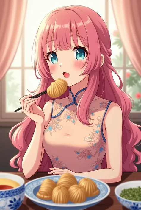 An anime-style illustration depicts a cute  in a beautifully composed scene. Description: Appearance: She has long, pink curly hair styled with straight bangs, accentuating her delicate and refined facial features. Her fair skin and soft red lips add a tou...