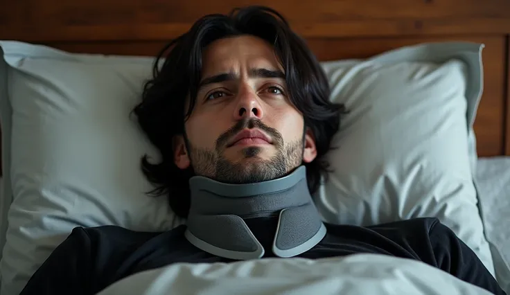 Realistic picture ,a man with shoulder length hair, lying in bed , show up on face , with brown eyes and black hair ,wearing a neck brace, wearing black T-shirt, realistic style, realism