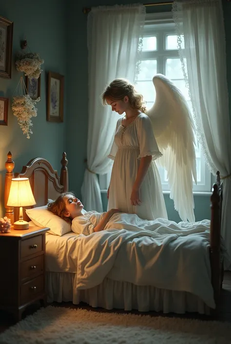 A realistic image of an angel standing beside a bed were a small girl was sleeping on in the night 