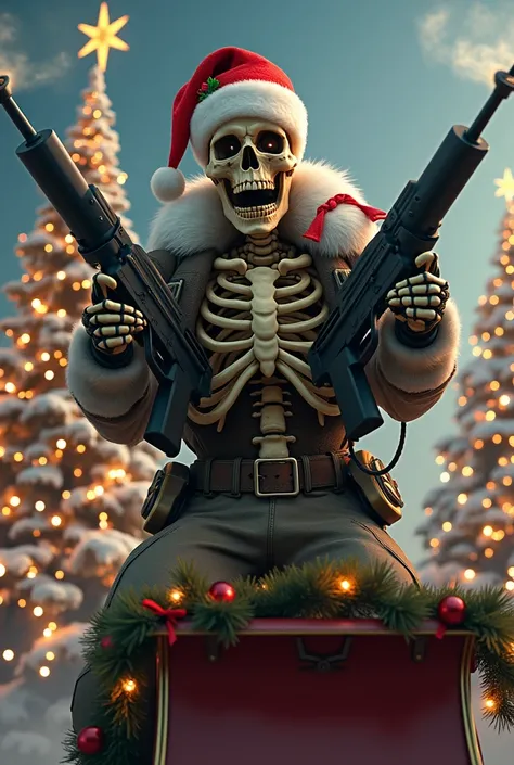 a skeleton with a machine gun in each hand and a Christmas hat standing on a Christmas sleigh (It has to be like the meme of WTF is a kilometer) The skeleton has to keep its mouth open with lots of lights and Christmas trees