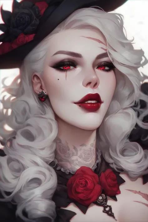 very pale Woman. white skin. White hair. red eyes. dark red lips. aroused and confident look. victorian gothic style. scar on her eye. beauty mark. tattooes. vampire. sharp features. long black hat. scars.