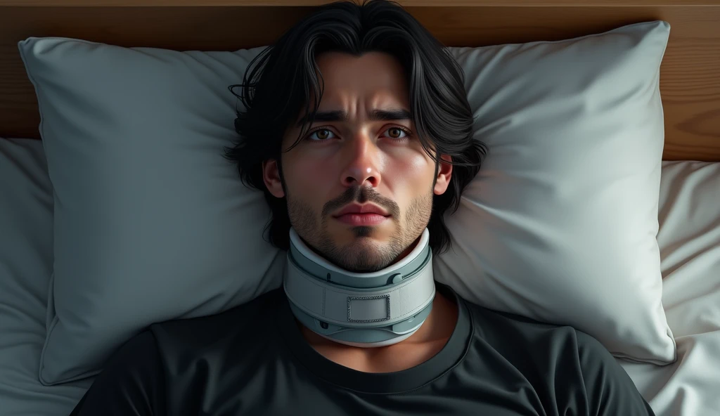 Realistic picture ,a man with shoulder length hair, lying in bed , show up on face , with brown eyes and black hair ,wearing a neck brace, wearing black T-shirt, realistic style, realism