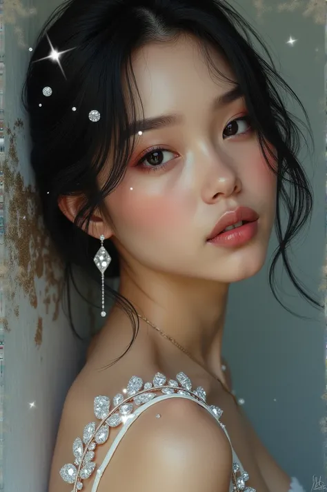  Hyperrealism ,  diamond painting ,  romance ,  Dusty rose , Smokey ice meikki,  dior style ,  delicate facial features teet ,  very cute Woman , pitsi tuuletin,  beautiful eyes ,  colors ,  beige-black-gray-blue fog, glitter,  white lighting , hyperdetali...