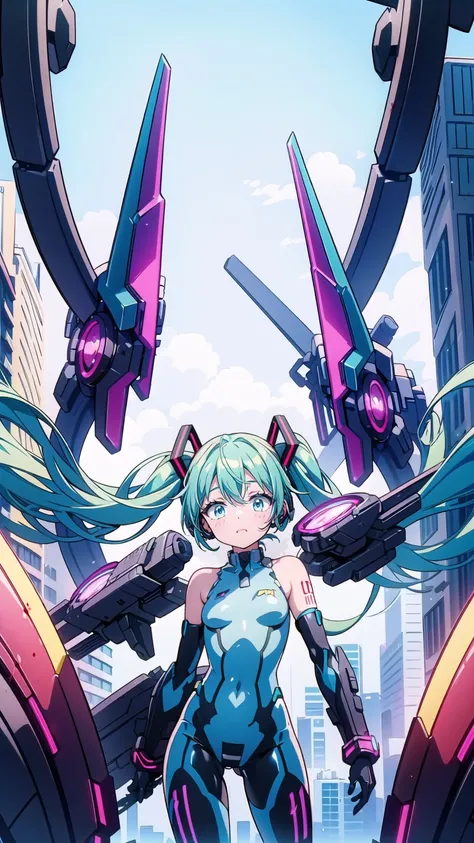 masterpiece ,  Hatsune Miku VOCALOID , ((Mecha Girl)),  Twin Tails , ((Red eyes)),  blue hair,  Bodysuit  , ((Devil&#39;s Wings)), (Mecha Girl), Gundam&#39;s Armor, ((  cyberpunk)), The ultimate physical beauty, Fallen into evil, Black Armor 、((( Photon Bl...