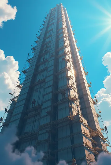 A massive tower that seems to touch the clouds ,  with scaffolding and workers climbing at different levels ,  under a blue sky that symbolizes their ambition to achieve the divine.
