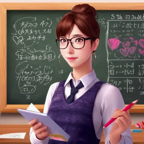 A cute woman (school teacher, age 25, hair up in a bun, thick glasses, writing second grade on the chalkboard, class full of s, viewer has rose colored glasses and sees hearts near teacher
