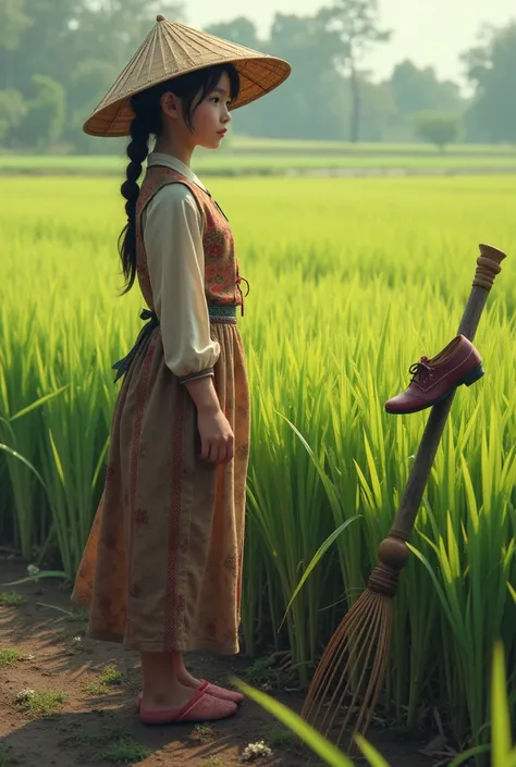 A COMOT GIRL WEARS A HUMA HAT .. WEARS A LONG DRESS A LONG SLEEVE DIRTY MUD GOES HUMA ..  IN THE MIDDLE OF A RICE FIELD THERE IS A HOE WEARING A HUMA SHOE ...real photos HD 8k  