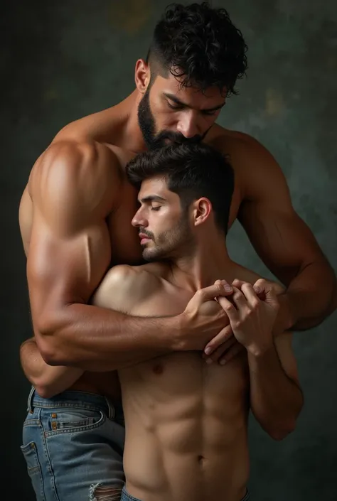 Tall big muscular Mexican man hugging the back of a skinny and delicate gay Caucasian man. frontal photo 