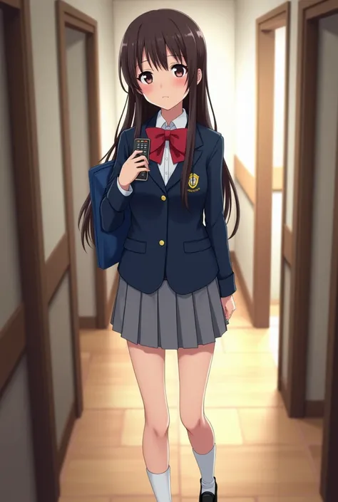 Anime-style teenage woman in full body and in Japanese school uniform : navy blue blazer with shield , camisa blanca, red bowtie, ultra high resolution pleated grey skirt ,  white scrunch socks and black school shoes.  long hair  (brown or black ),  big ex...