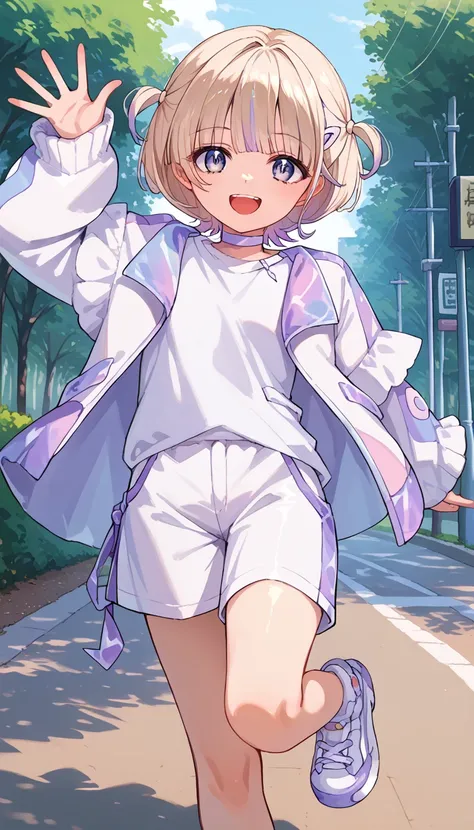 score_9, score_8_up, source_anime, 1girl, solo, HajimeBase, multicolored hair, short hair, two side up, hairclip, white choker, white shirt, white jacket, gradient jacket, white shorts, outdoors, park, waving at viewer, smile, :d, open mouth, dancing