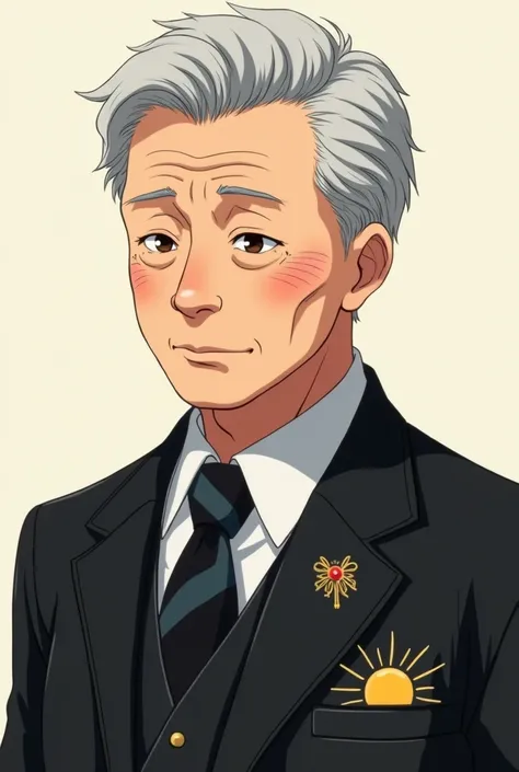 Male anime character, Old man ,  with short gray hair , of a confident look ,  and kind expression , in a black suit,  with a drawing of a sun on the fabric 