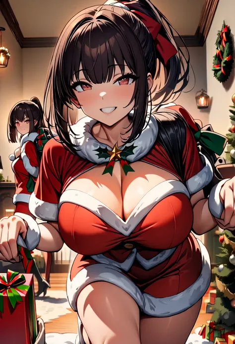 (  Masterpiece ,   top quality:1.2), One anime girl , (((Alone))),   Expressive Eyes ,  sexy, Santa girl costume, (((Dark-haired ponytail ))). ((( straight hair))), (smile), (((Reddish brown eyes))), ((( Perfect Face Girl Walking With Her Student Bag On He...