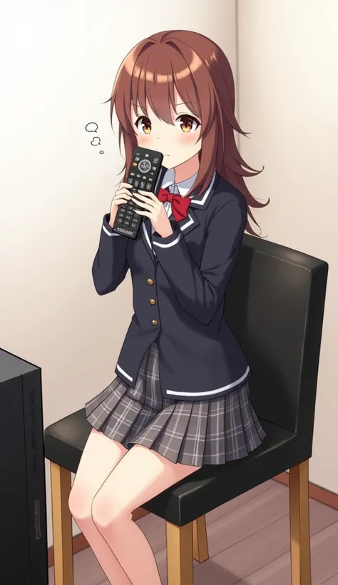 An anime-style illustration of a teenage woman sitting on a black leather dining chair and backrest with wooden legs. She wears a school uniform that includes a dark jacket and a plaid skirt., while holding a black television remote control in her hands at...