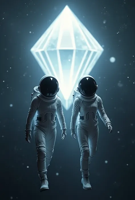 2 space cadets in white spacesuits with black glass helmets flying in space near big bright diamond 