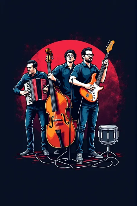  Striking logo with accordion, guitar, ELECTRIC BASS, timpani, and microphones 