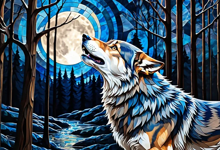 a close up of a painting of a Wolf in the woods, the Wolf howls at the moon, Howling towards the moon, blue Wolf,  Canvas Art Print with Closeup of a Dog,  stained glass art , great Wolf, geometric Wolf, Wolf, Wolf howling at full moon, 8K high definition ...