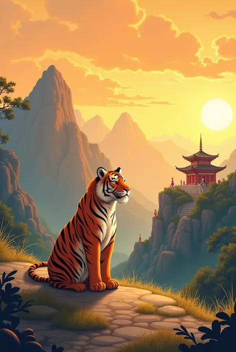 The image illustration realistic cute tiger there is a mountainous landscape with a temple and a temple complex. The sky is orange and yellow, and there are a few people walking in the distance. The overall mood of the image is peaceful and serene.