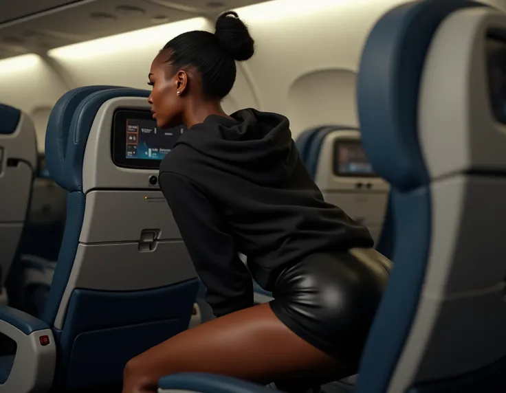 black woman hair in a bun black hoodie black leather short short bending over the seat in front of her getting something on the plane. sexy poses backside view hyper realistic 8k clothe folding
